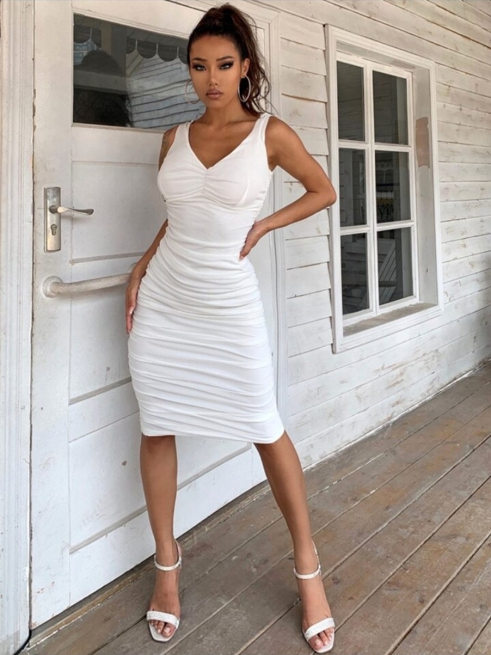 NWT Womens V Neck Ruched Mesh Overlay Sleeveless Bodycon Midi Dress